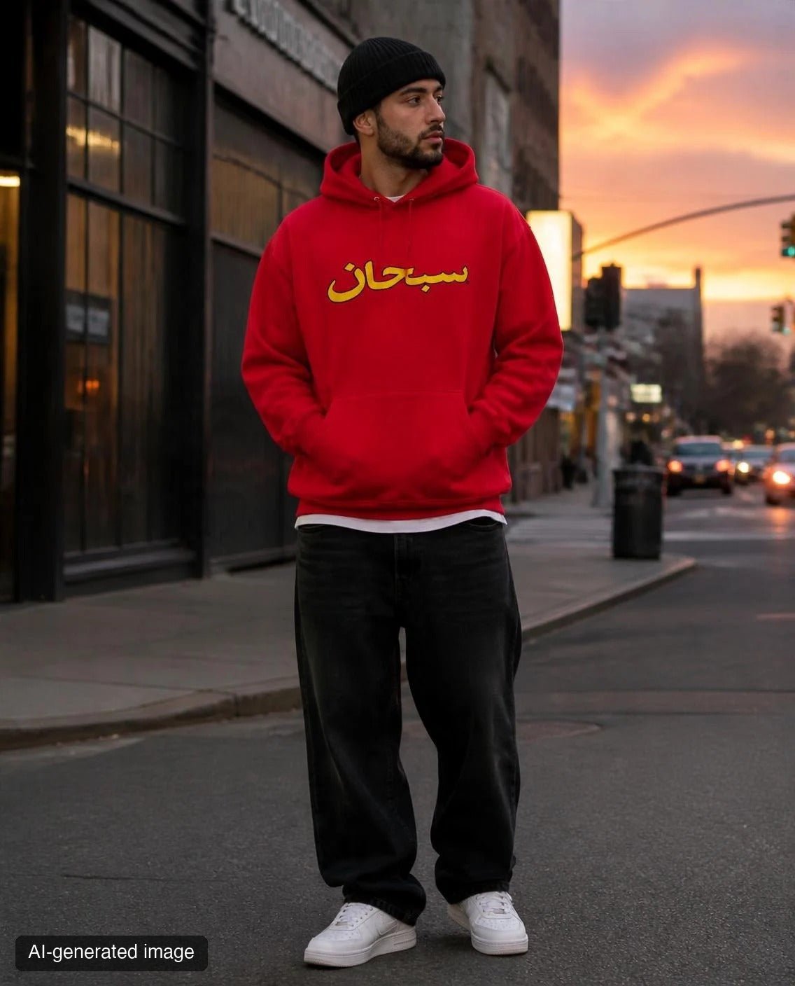 AI-generated lifestyle image of Supreme Arabic Logo Hooded Sweatshirt