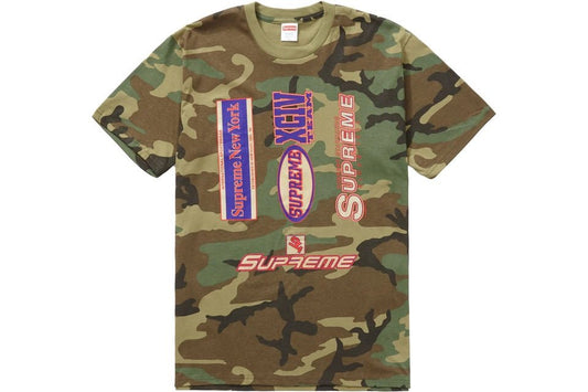 Supreme Multi Logos Tee in woodland camo, size Medium